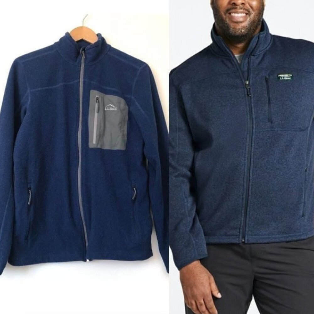 L.L. BEAN Mens Sweater Fleece Full Zip Jacket Solid Blue Gray Logo Patch Small S